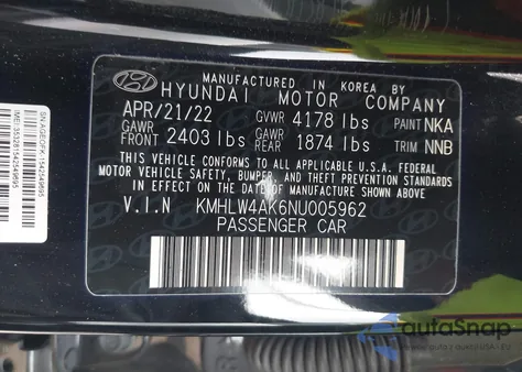 2022 Hyundai Elantra N z USA, uszkodzony, nr VIN KMHLW4AK6NU005962